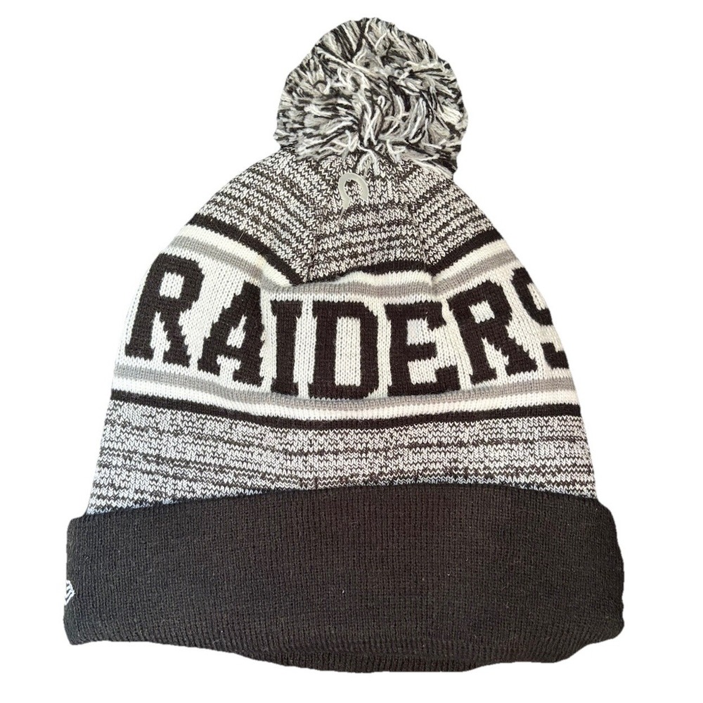NFL Raiders Logo Beanie Hat Embroidered Lined Pom Pom OS Black/Gray Football